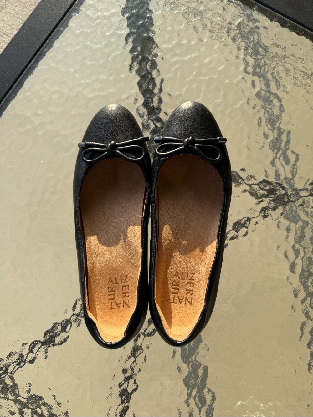 Naturalizer Black Leather Ballet Flats with Bow Accent